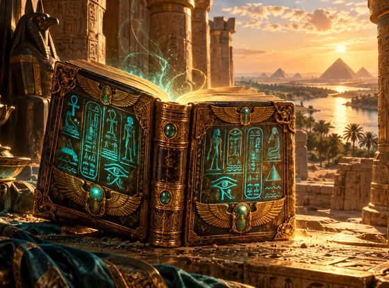 Старинная книга в египетском храме — оригинальная иллюстрация